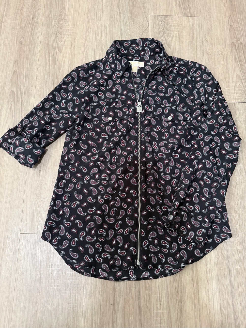 Michael Kors Paisley Zip Front Blouse Size M Roll Tab Sleeve Utility Shirt